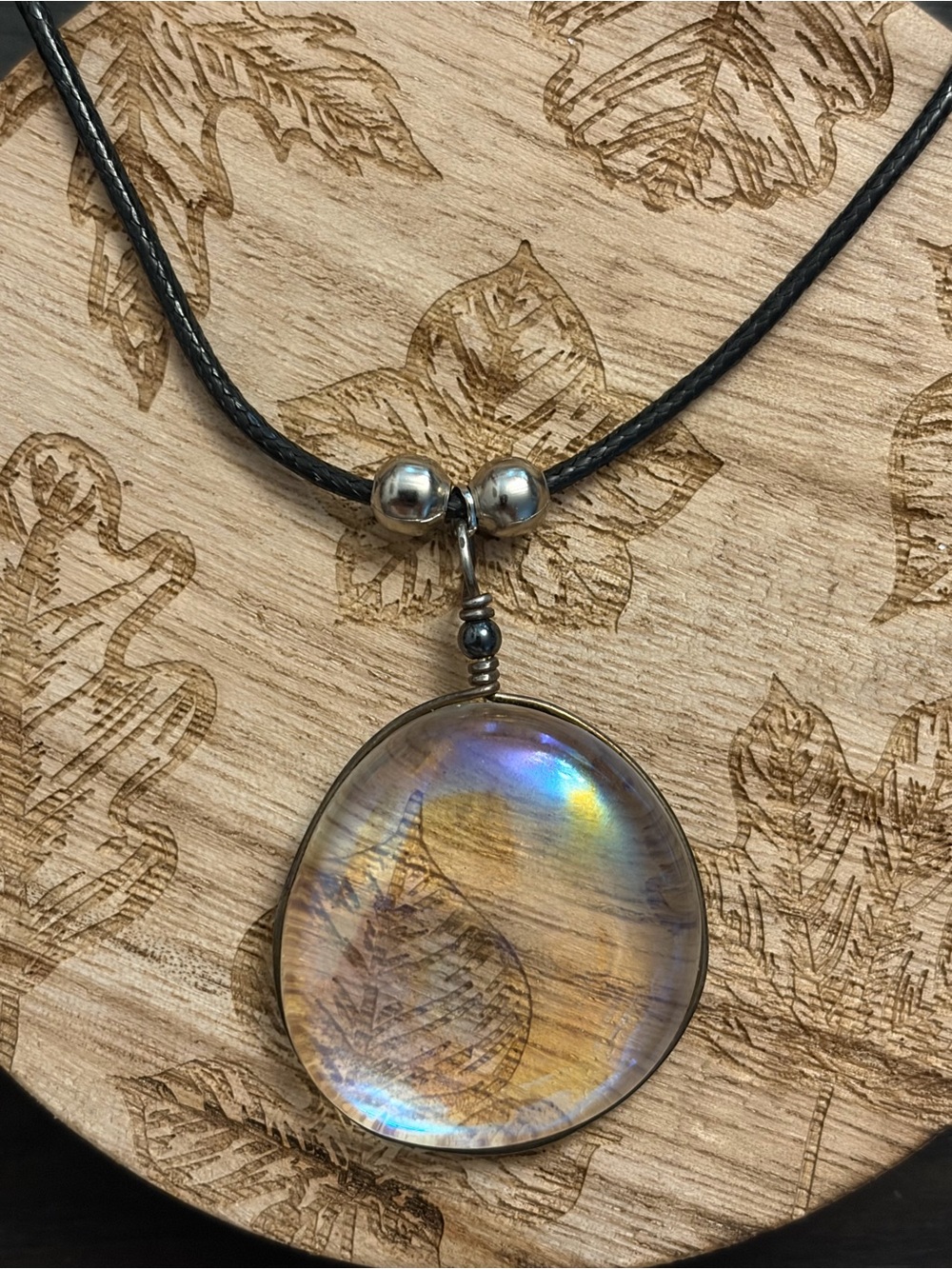 Iridescent Glass Pendant Necklace in Black with Silver Accents